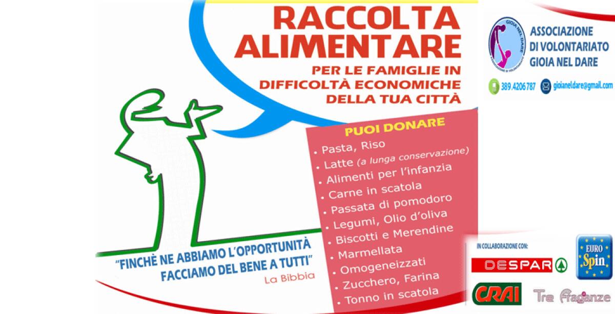 Raccolta alimentare in sei supermercati cittadini, tornano i volontari di Gioia nel Dare - 