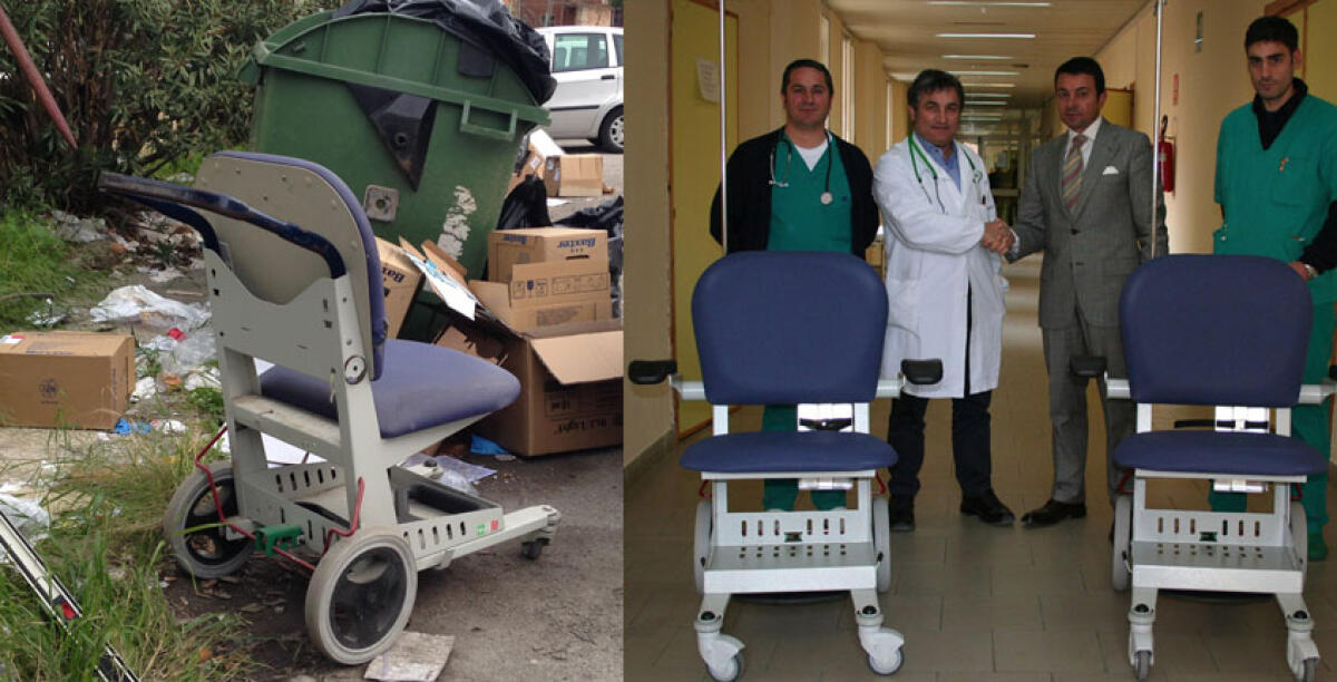 Sedia a rotelle donata all'ospedale, in tre anni distrutta e abbandonata tra i rifiuti - 