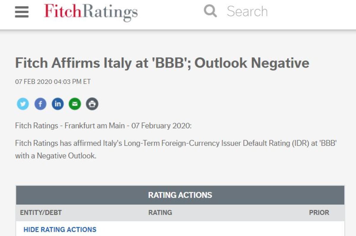 Fitch conferma rating Italia a BBB, outlook negativo - 