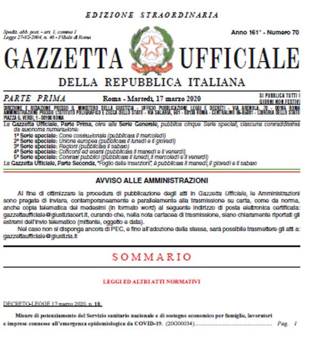 Dl Cura Italia in Gazzetta Ufficiale, e’ in vigore - 