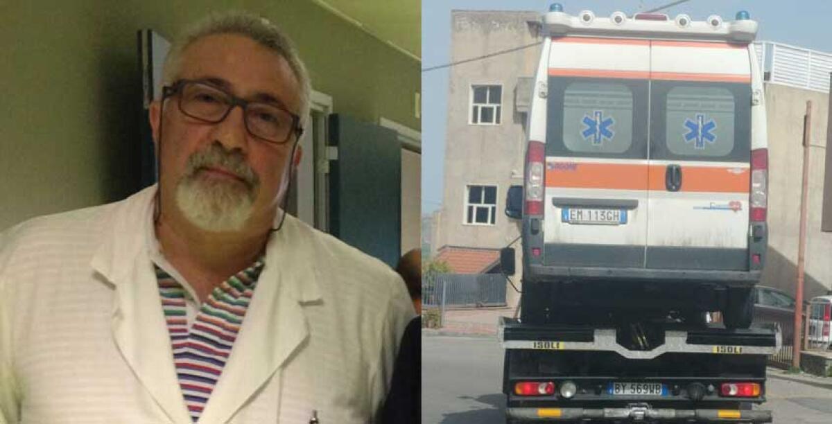 Le ambulanze dell'ospedale hanno "fuso", mezzi in officina e autisti in attesa - Nella foto in archivio, il direttore dell'ospedale, Luciano Fiorella, e una ambulanza guasta su un mezzo di soccorso.
