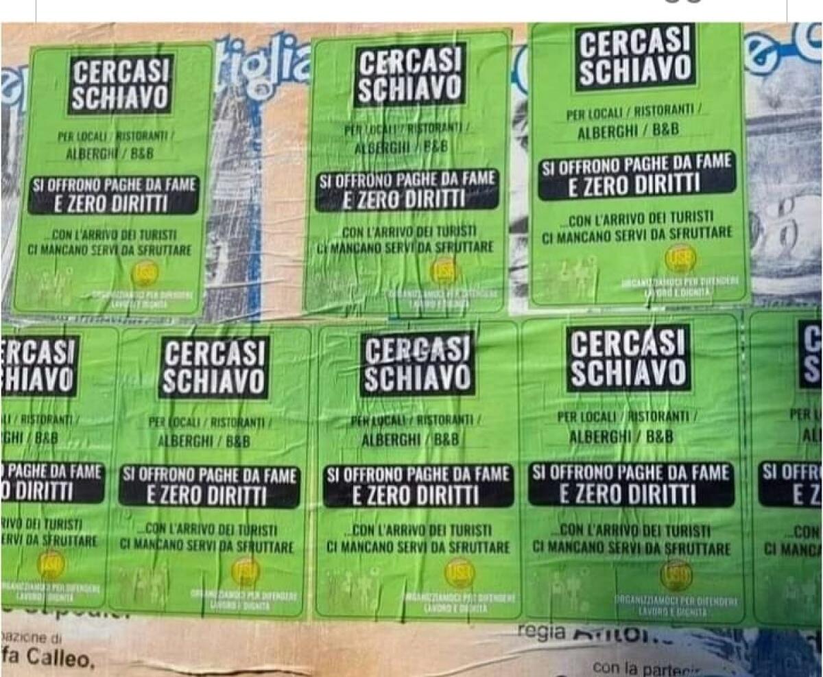 "Cercasi schiavo", la campagna Usb contro lo sfruttamento: "Siamo con Martina" - I manifesti della campagna "Cercasi schiavo"