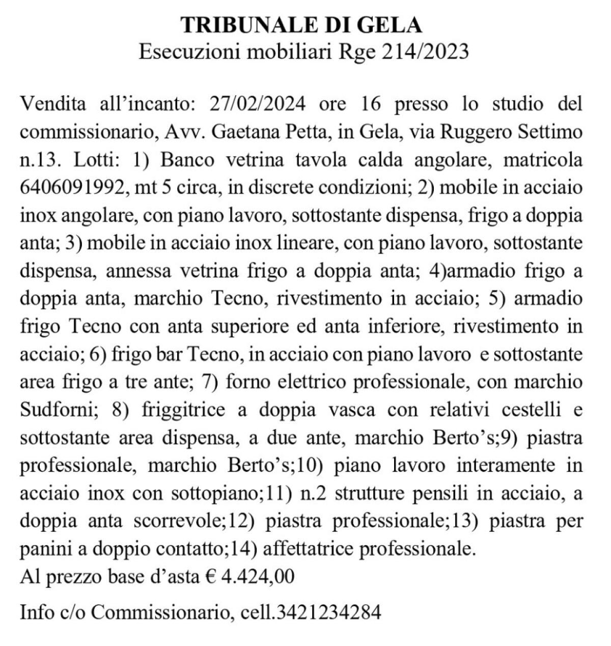 Tribunale di Gela esecuzione mobiliare RGE 214/2023 -