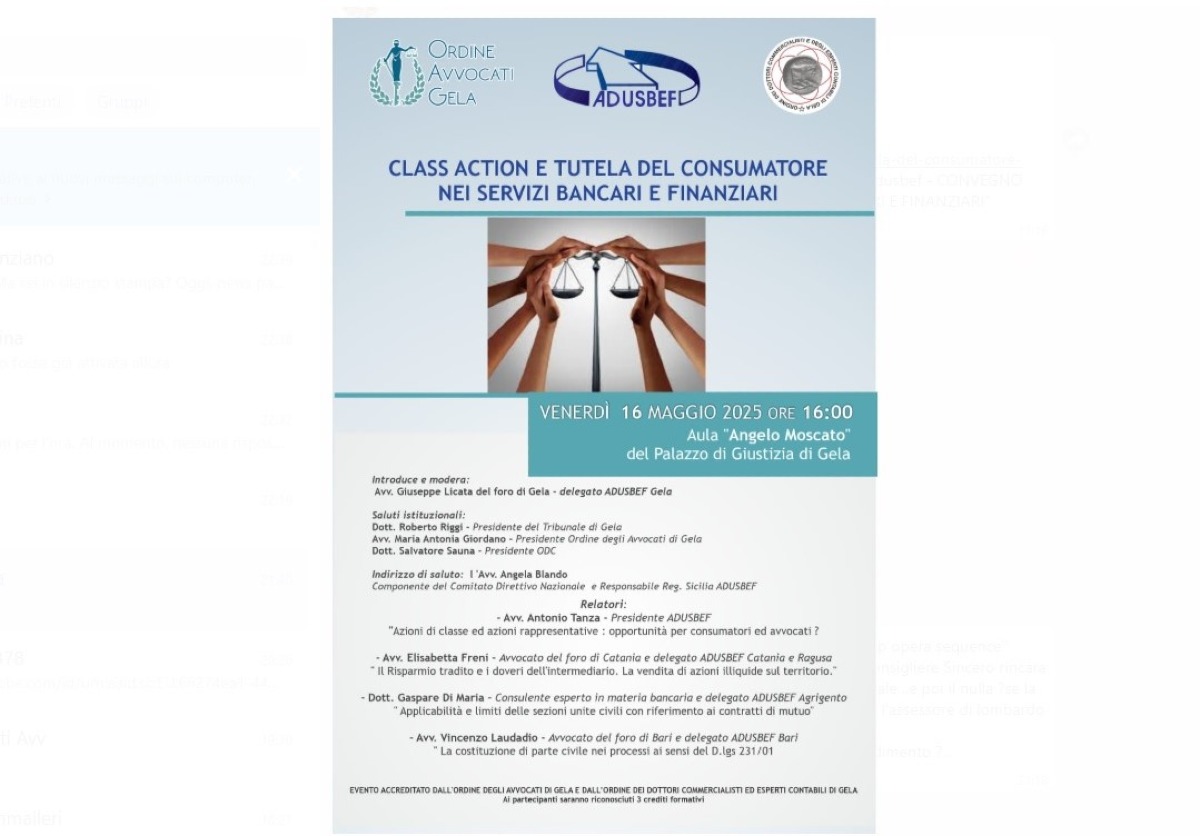 "Class action e tutela del consumatore nei servizi bancari e finanziari", incontro in tribunale - 