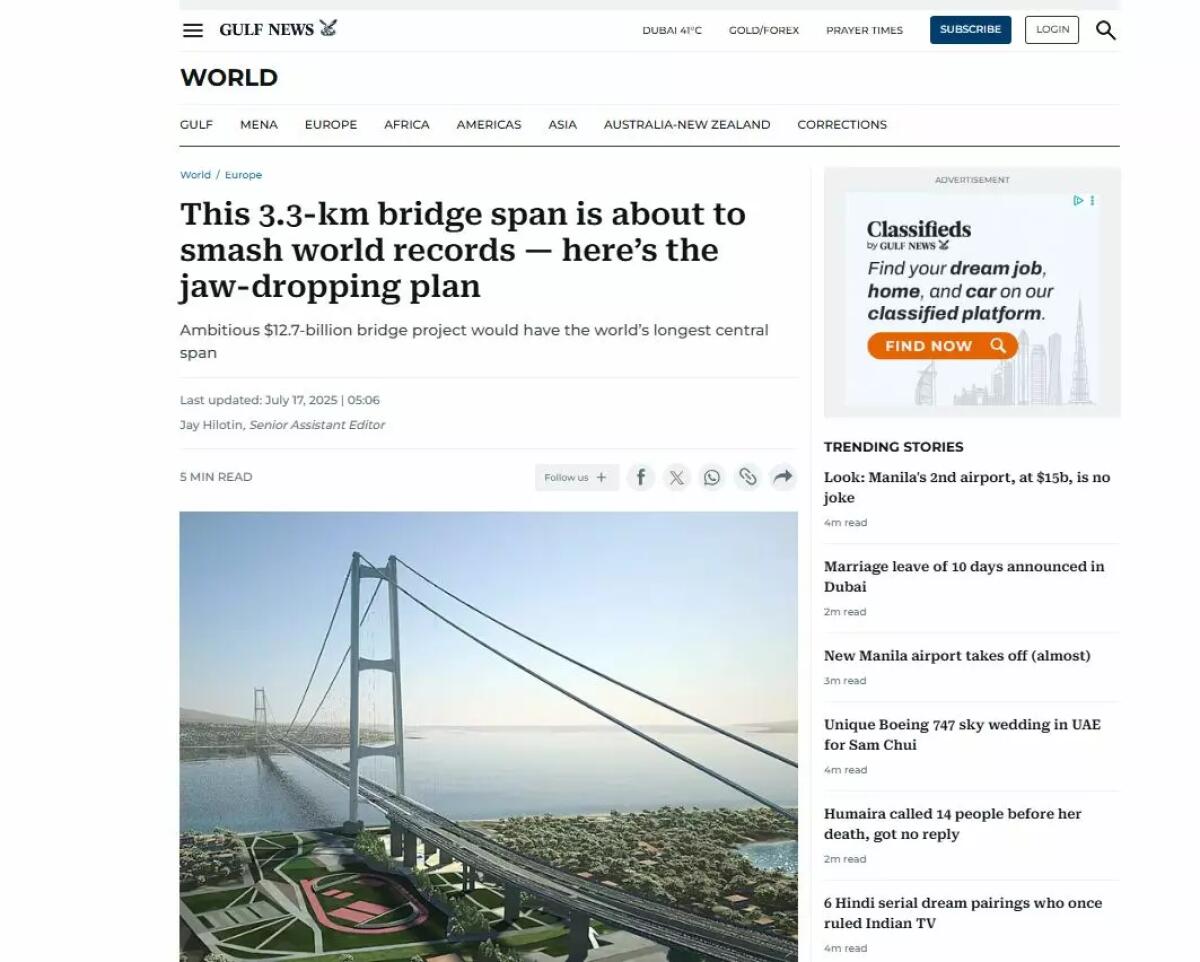 Il quotidiano di Dubai Gulf News: “Il Ponte di Messina un progetto epocale” - 