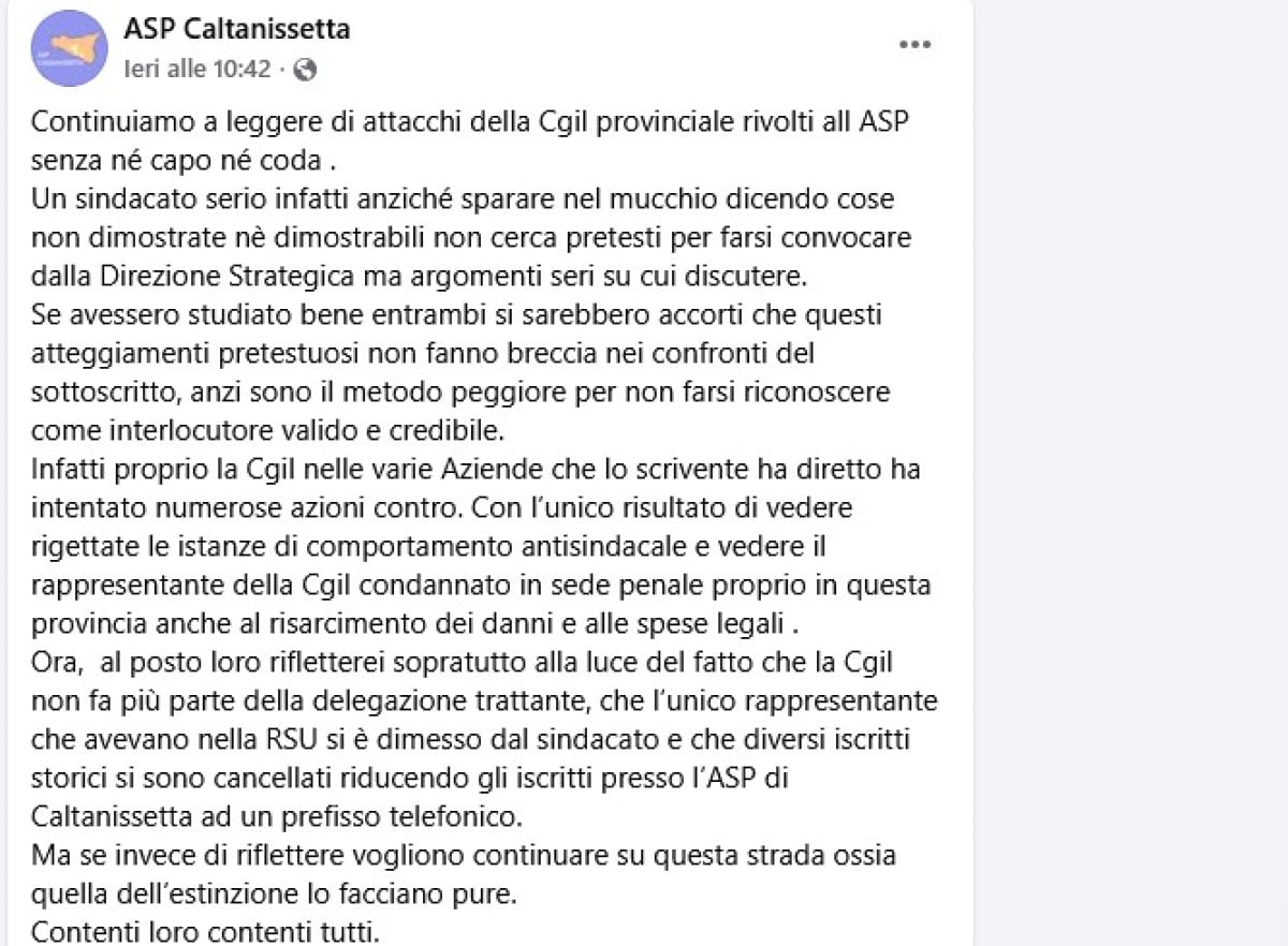 Il manager sbotta contro la Cgil usando il profilo Asp: Iacono, "conferma sua incapacità" - Il post pubblicato nel profilo ufficiale Asp