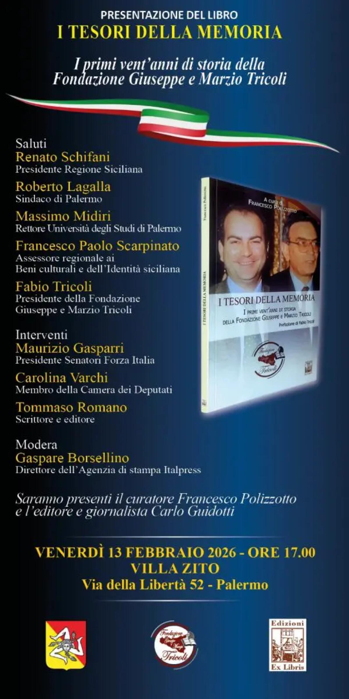Un libro per i vent’anni della Fondazione Tricoli, il 13 febbraio la presentazione a Palermo - 