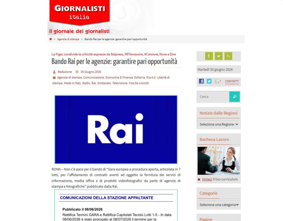 Bando Rai per le agenzie di stampa, Figec “Non garantisce pari opportunità” - 