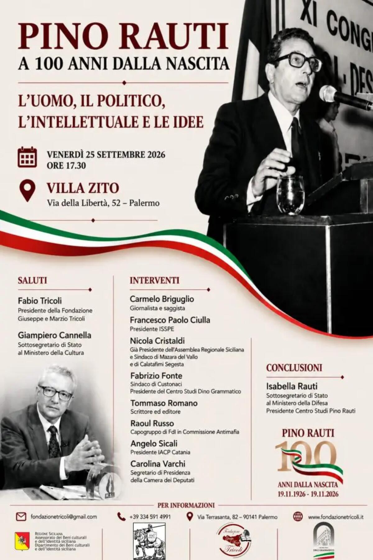 Il 25 settembre a Palermo il convegno “Pino Rauti a 100 anni dalla nascita” - 